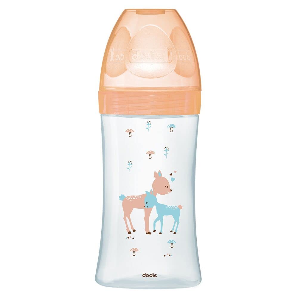 Dodie Antikolik Sensation+ Glass Baby Bottle, Beige, Deer Cow, 270 ml, 0-6 Months, Flat Teat, River 2
