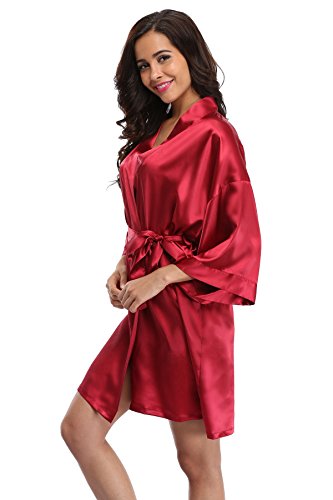 Women's Satin Rhinestone Short Wedding Kimono Robe for Bridesmaid, Red XS