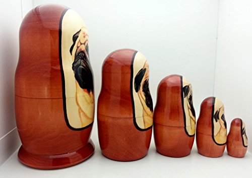 Pug nesting dolls Russian Hand Crafted 5 piece matryoshka dog Set / 7"H