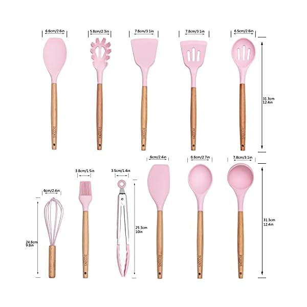 ZCOINS 18+1 PC Silicone Cooking Utensils Set with Wooden Handles & Holder, Kitchen Gadgets, Kitchen Tool Set Gift (Pink)