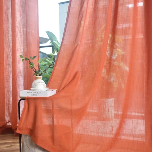 Photo 1 of FINECITY Burnt Orange Curtains 84 Inch Length for Living Room 2 Panels, Back Tab Pocket Light Filtering Fall Linen Semi Sheer Boho Curtains for Bedroom Bohemian Farmhouse Decor Rust Orange, 52x84 Inch