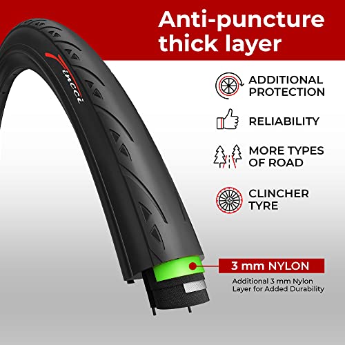 Fincci Road Bike Tyre 700 x 25C 28 Inch with 3mm Nylon LVL3 Puncture Protection 60 TPI Slick Heavy Duty 25-622 Gravel Bike E-Bike Tourenbike Hybrid Bike