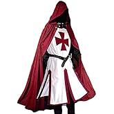Nautical-Mart Mens Medieval Crusader Knights Templar Tunic Costumes Renaissance Halloween Warrior Black Plague Cloak Cosplay Top (Red, Large)