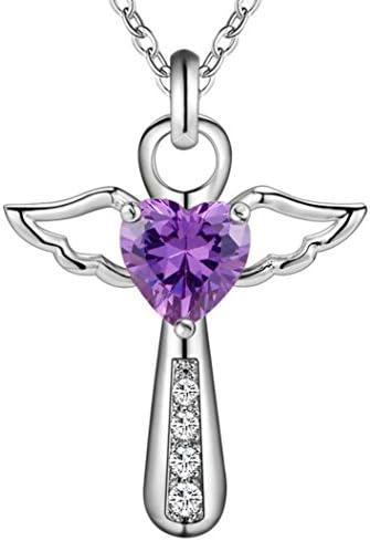 Fashion Necklaces for Women Girls Cross Cubic Zirconia Angel Wing Birthstone White Purple Crystal Heart Charm Pendant Necklace