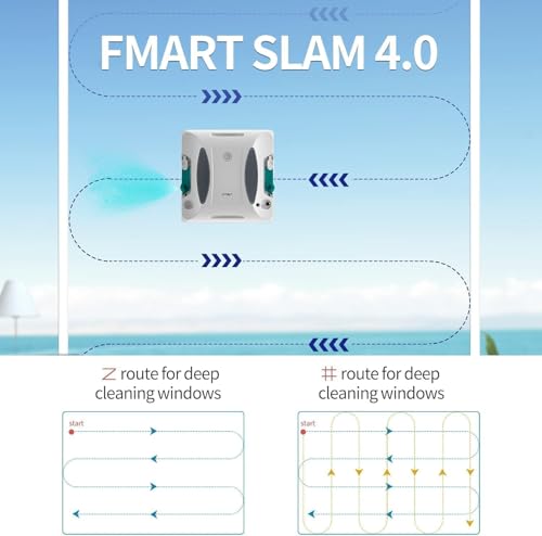 Fmart W6 Robot Limpiador de Ventanas de Doble Cara, 3800 Pa Robot Inteligente de Limpieza de Ventanas de succión Fuerte, aplicación y Robot de Control Remoto, Adecuado para Ventanas de Altura Alta al