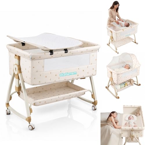 OLANENEM 6 em 1 Berço Portátil, Moises para bebe com Fraldário e Mosquiteiro, Acoplado à Cama com Suporte Triangular de Aço Carbono, 6 Alturas e Inclinação Antirrefluxo 5°(Bege)