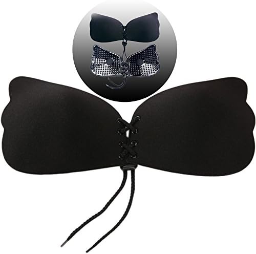 Women's Backless Bra Self Adhesive Reusable Silicone Strapless Push up Bra (cup G, Black)