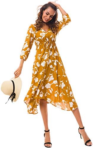 Tsher Women's Deep V-Neck 3/4 Sleeve Beach Holiday Dress Floral Print Flowy Party Dress 0058