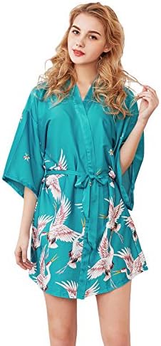 HAINE Womens Floral Print Peacock and Blossoms Kimono Nightwear Robe Half Sleeve Short Dressing Gown with Waist Tie (Above Knee Length)