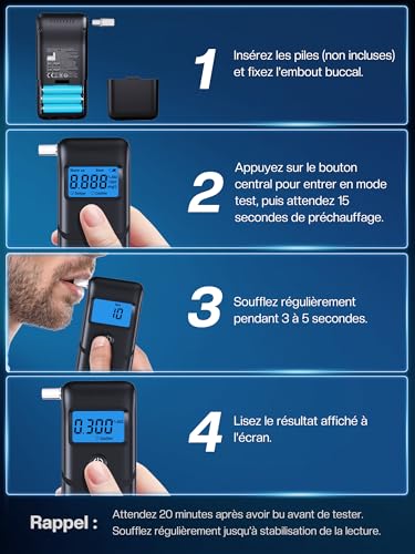 Ethylotest Electronique Précis Alcootest Numérique: Ethylometre Professionnel avec Écran LCD HD Capteur de Haute Précision - Portable Ethylotest avec 10 Embouts pour Particuliers et Usage Domestique
