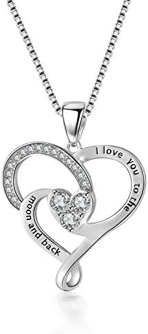 Qianli Ladies 925 Sterling Silver "I Love You To The Moon and Back" Love Heart Women Pendant Necklace 18" (Charm Heart)