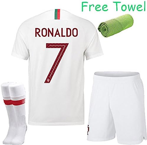 Kid Sport 2018 Football Soccer Kids Adult Away Kit Short Sleeve Shirt & Shorts & Socks & Free Ice Face Cloth Youth Men Team Suit (RONALDO 7, S (Adult))