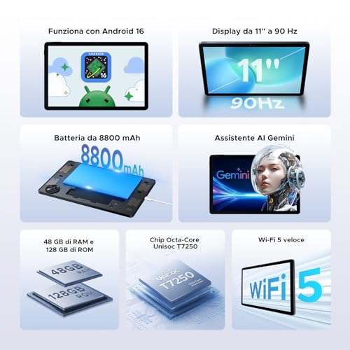 POPUX P11 Android 16 Tablet 11 Inch, 48GB RAM+128GB ROM (2TB TF), 90Hz, T7250 Octa-Core, 8800mAh, 13MP+5MP, Gemini AI, Widevine L1, Face ID, GPS, FM, Tablets with Keyboard and Pen, Grey