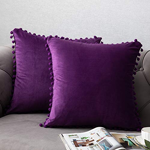 DEZENE 18x18 Throw Pillow Cases Purple: 2 Pack Cozy Soft Pom-poms Velvet Square Decorative Pillow Covers for Farmhouse Home Decor