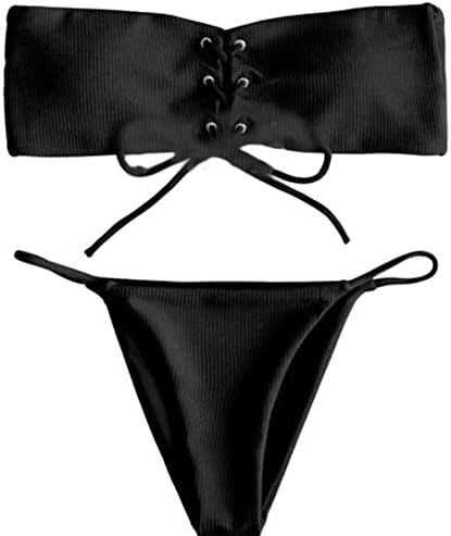 YUNY Womens Triangle Lace Up Strapless Bandage Summer Bikini Sets Black US-M