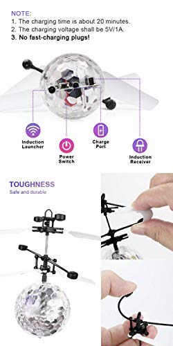 RC Flying Ball Toys Infrared Induction Drone Hand Control Helicopter with Shining LED Lights Disco USB Rechargeable Fun Novelty Toys for Kids Teenagers Indoor and Outdoor Games