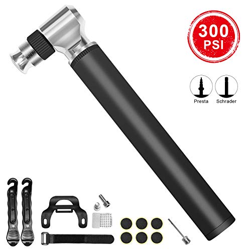 DTNO.I Mini Bike Pump, Portable Bicycle Pump Fits Presta and Schrader Value, 300PSI High Pressure Hand Air Pump for Tires with Glueless Puncture Repair Kit
