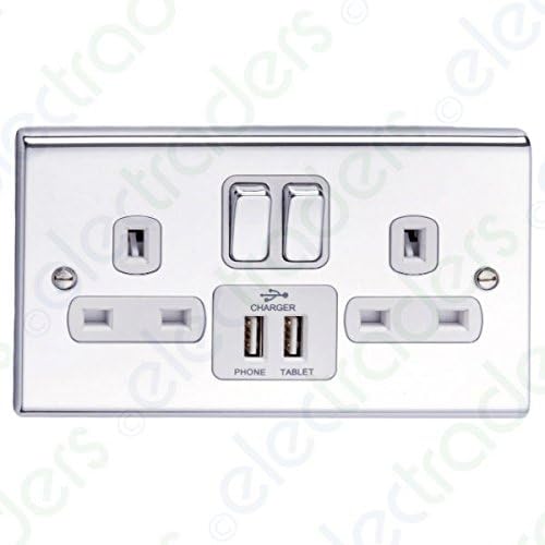 Deta SD1298CHW Switched Socket 13 Amp - 2 Gang & 2 x USB Ports (Polished Chrome/White Inserts)
