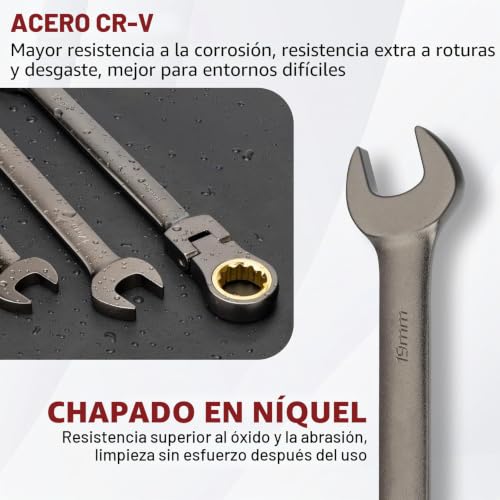 Shall 9-Piece Flex Head Ratcheting Wrench Set, 72 Metric Teeth 8-19mm, Cr-V Built, Nickel Plated with Organization Bag