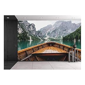 Boat Cruising a Mountain Lake - Removable Wall Mural | Self-Adhesive Large Wallpaper - 66x96 inches