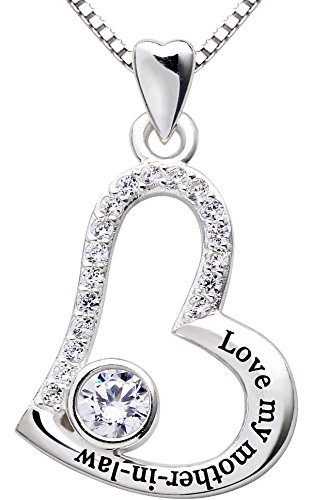 ALOV Jewelry Sterling Silver Love My Mother-in-Law Love Heart Cubic Zirconia Pendant Necklace