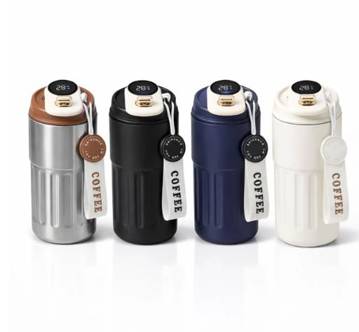 Copo Térmico Café 450ml Inox com Display Digital LED de Temperatura, Antivazamento, Portátil com Alça e Tampa, Isolamento a Vácuo, Mantém Bebidas Quentes e Frias por Horas (Preto)