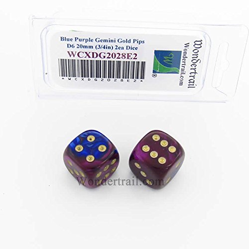 WCXDG2028E2 Blue and Purple Gemini Dice with Gold Pips 20mm (3/4in) D6 Pack of 2
