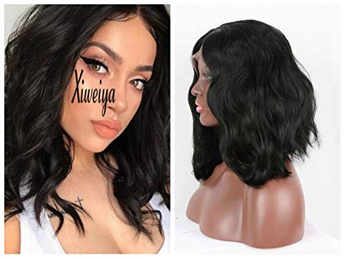 Xiweiya 14inches 1b#Natural Black Wigs Short Black Bob Wigs For Women Hair Loose Wave Wigs Black Synthetic Lace Front Wigs Middle Parting Black Curly Heat Resistant Fiber Hair Short Wigs