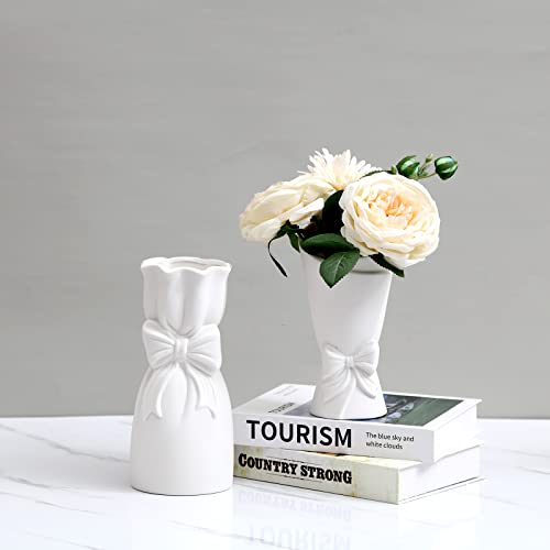 White Ceramic Vase Set of 2, ViViTOP Small White Vase in Bulk for Flower, Boho Vase Centerpiece for Table, Mini Pampass Grass Decor Unique Vase Fit for Wedding Decorations Room Office Home Decor