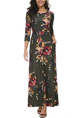 Zattcas Women's Floral Maxi Dress 3/4 Sleeve Casual Long Printed Maxi Dresses with Pockets (X-Large, 3/4 Sleeve-Olive Green)