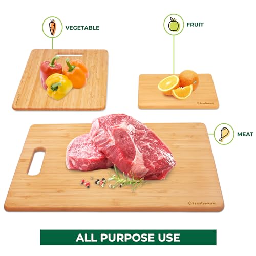 Freshware Bamboo Cutting Boards for Kitchen [Set of 3] Wood Cutting Board for Chopping Meat, Vegetables, Fruits, Cheese, Knife Friendly Serving Tray with Handles