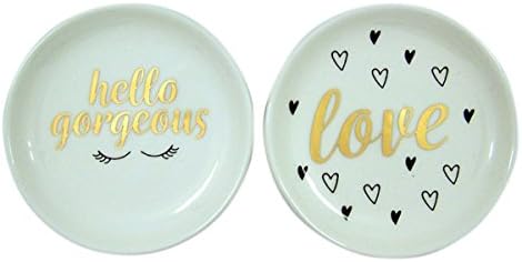 Set of 2 Hello Gorgeous and Love Round White Ceramic Jewelry or Change Dish