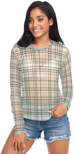 J JOYSAY Checkerboard Plaid See Through Tops for Women Mesh Sheer