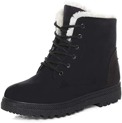 SHIBEVER Women Winter Platform Boots Cotton Warm Fur Snow Ankle Boot Lace Up Flat Booties Waterproof PU Shoes