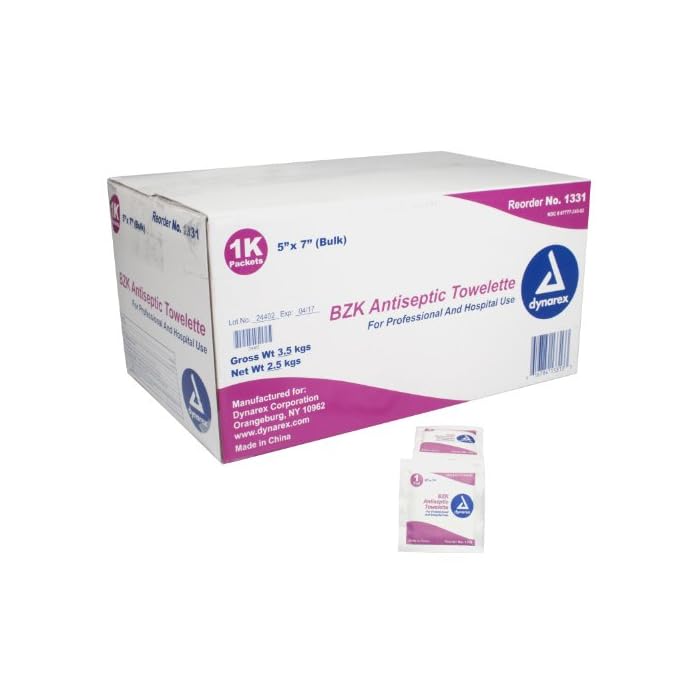 Dynarex BZK Antiseptic Towelettes - 5"x7" - With Benzalkonium Chloride Formula, Hand Sanitizing Wipes or First Aid Wound Wipes, 1 Case of 1000