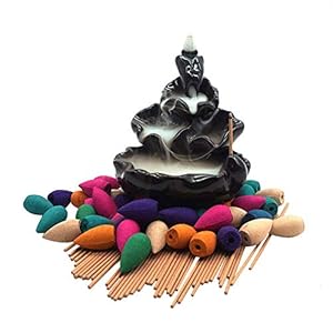 Moylor Ceramic Waterfall Incense Burner Set with 40 pcs Cones and 50 pcs Sticks Incense Handcraft Lotus Pond Censer for Home Aromatherapy