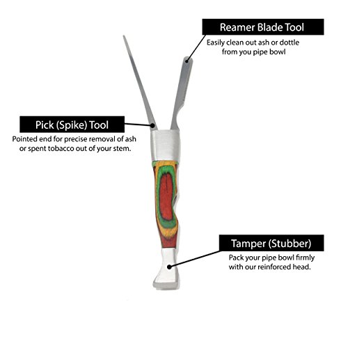 3-n-1 Tobacco Pipe Tool - Rosewood and Stainless Steel for Smoking Pipes. 3 in 1 Tool Features a Pipe Chamber Reamer, Bowl Spike and Reinforced Tamper (Multi-Color)