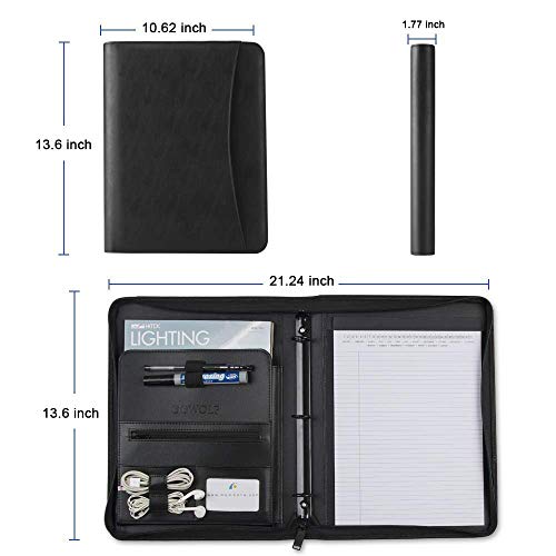 OOWOLF Padfolio Portfolio Folder, PU Leather Professional with Round Ring Binder 8.5 x 11 Inch Writing Pad Tablet Sleeve Interview Resume Document Organizer Business Card Holder Zippered Closure