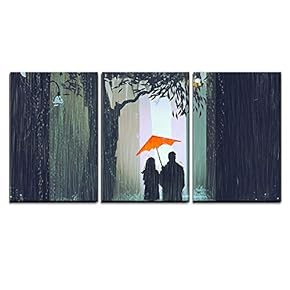 Illustration Couple with Red Umbrella Walking in Raining...