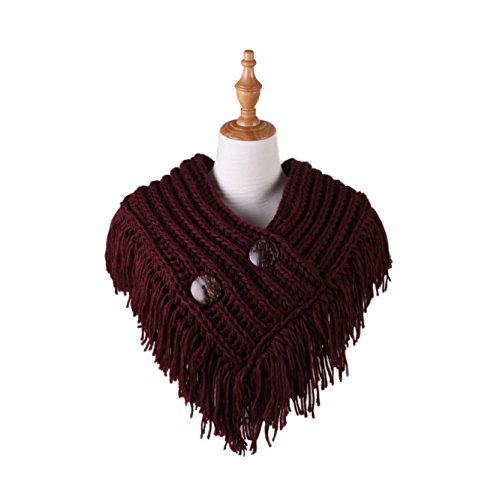 Cable Knit Button Collar Scarf with Fringe, Burgundy - Thumbnail 4