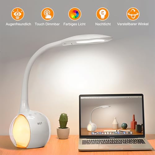 LED Schreibtischlampe Kinder, Schreibtischlampe Farbwechsel Nachttischlampe Kinder Jungen Mädchen, Nachttischlampe Touch Dimmbar mit 3 Helligkeitsstufen, Weiß