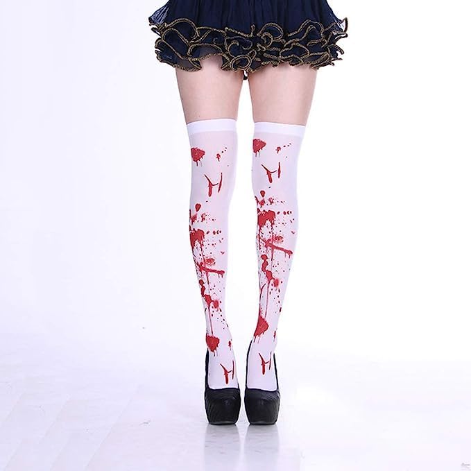 Stockings & Holders - DONCIDAY Halloween Knee High Socks Blood Splattered Costume & Dress Up Stockings Zombie Tights Nurse Bloody Costume for Women Girls,White