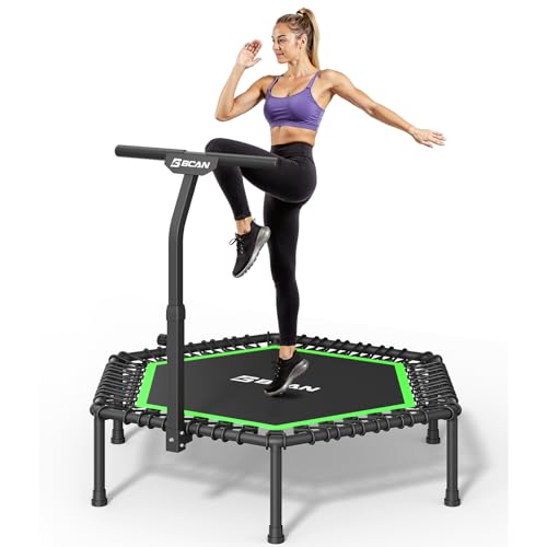 BCAN Fitness Trampolin Indoor Ø 122/130 cm, Trampolin Erwachsene bis 250 kg, Bodentrampolin mit verstellbarem T-Griff & 42 Gummiseilen, Leise & vibrat