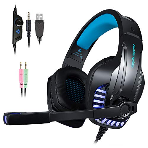 PS4 Gaming Headset with Mic for PC, Xbox One S, Laptop, Mac, Stereo Over Ear Gamer Headphones with Microphone LED Lights, Noise Cancelling for Computer, Ipad, Smartphone, Nintendo Switch – Blue