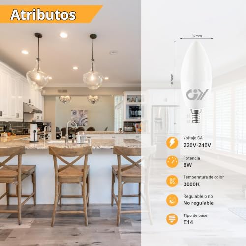 GY E14 LED Bulb Warm White 8W 3000K 880 Lumens, E14 LED C37 Candle Bulbs with Fine Thread, Not Dimmable – Class C Low Consumption, 12 Pieces