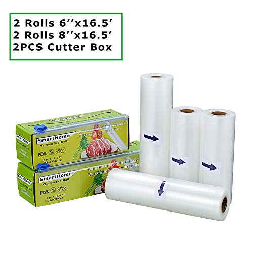 KitchenBoss Smarthome Vacuum Sealer Rolls with Cutter Box 4 Pack 2 Rolls 6" x16.5' and 2 Rolls 8" x16.5' Food Storage Bags Rolls Commercial Grade Bag for Food Saver and Sous Vide