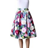 Womens Elegant Colorful Flowers Midi A - line High Waisted Pleated Flare Skirt, Colorful Flowers, One Size