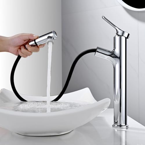 Tall Bathroom Faucet with 2 Modes Pull-Out Shower, DETBOM Basin Mixer, Single Lever Taps, Suitable for Countertop Washbasin, Removable Aerator, Hot/Cold Water, Lead-free, Chrome