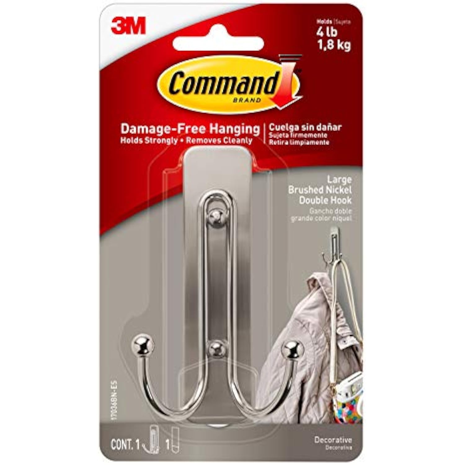 Command 17036BNES Wall Hooks, Large, Brushed Nickel, Great for dorm