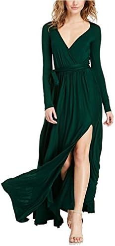 Maxi Dress Women's Long Sleeve Deep V-Neck Split Side Prom Evening Gown Dress With Belt Dark Green XL